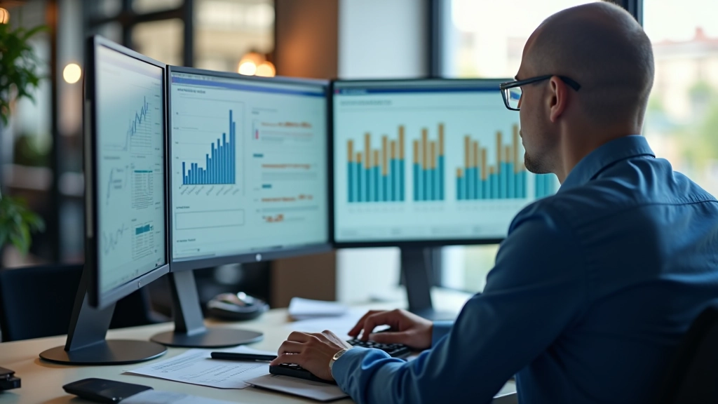 Analytik pracující s grafy PMI na monitoru v kanceláři