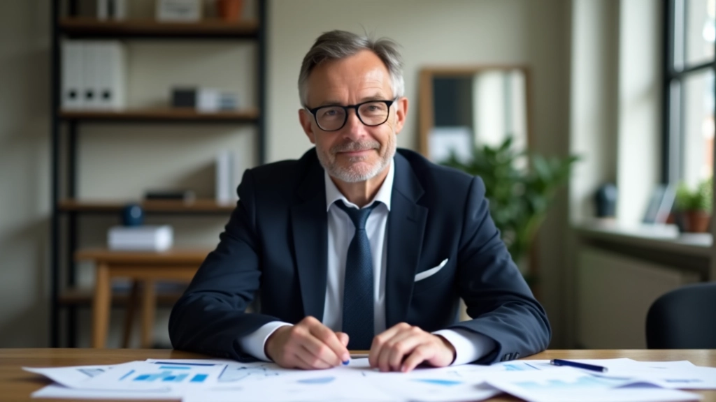 Ekonom sedící u stolu plného grafů, trendů a dat papíru v profesionální kanceláři se slunečním světlem