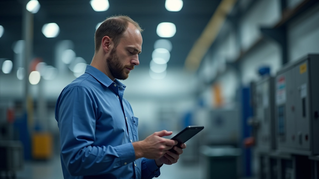 Manažer v továrně prohlíží grafy nových objednávek a poptávky na monitoru