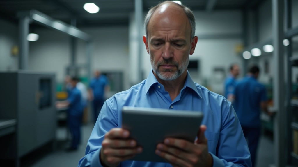 Vedoucí v továrně přezkoumávající výrobní údaje na tabletu v moderním průmyslovém prostředí