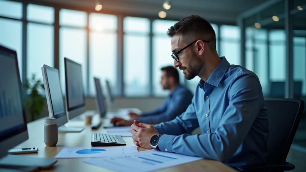 Analytický tým pracující s ekonomickými daty a grafy v kancelářském prostředí